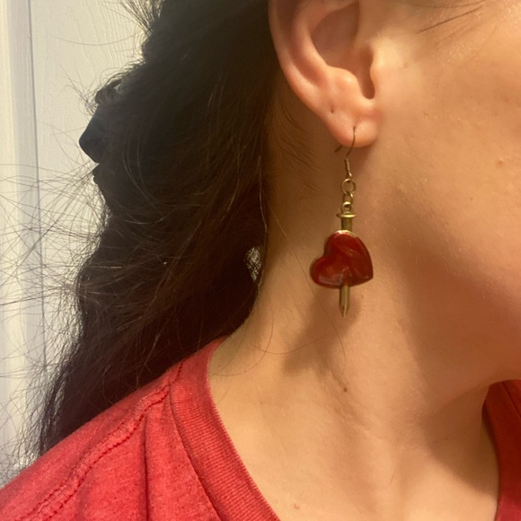Handmade Red Heart Dagger Earrings - Picture 4 of 4